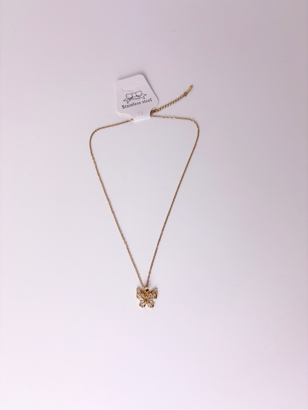 Gold Butterfly Necklace Stainless Steel | Cubic Zirconia Diamonds - Picture 7 of 8